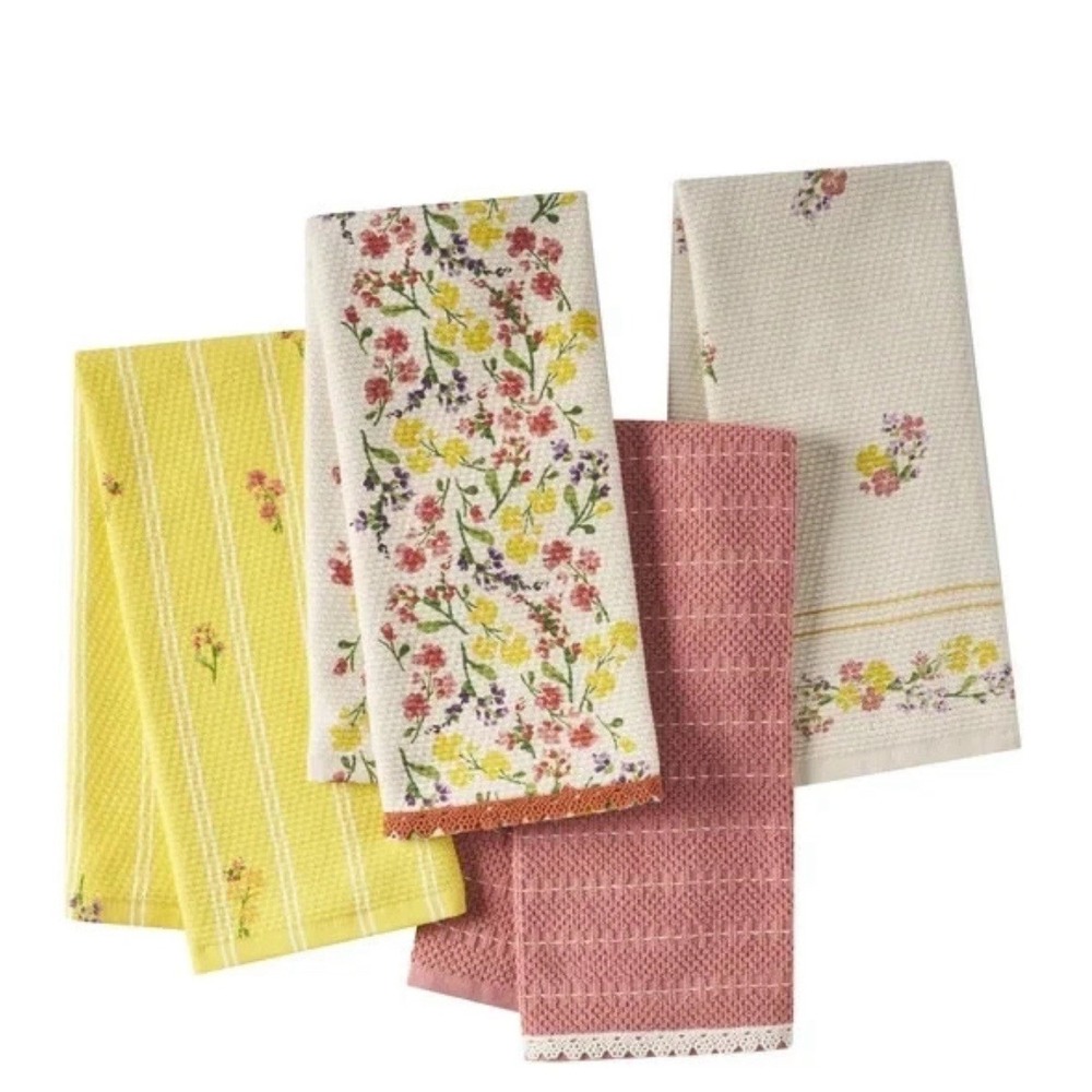 Pioneer Woman Wildflower Floral Woven Kitchen Towels 4pc Set Yellow Pink 18"x28"